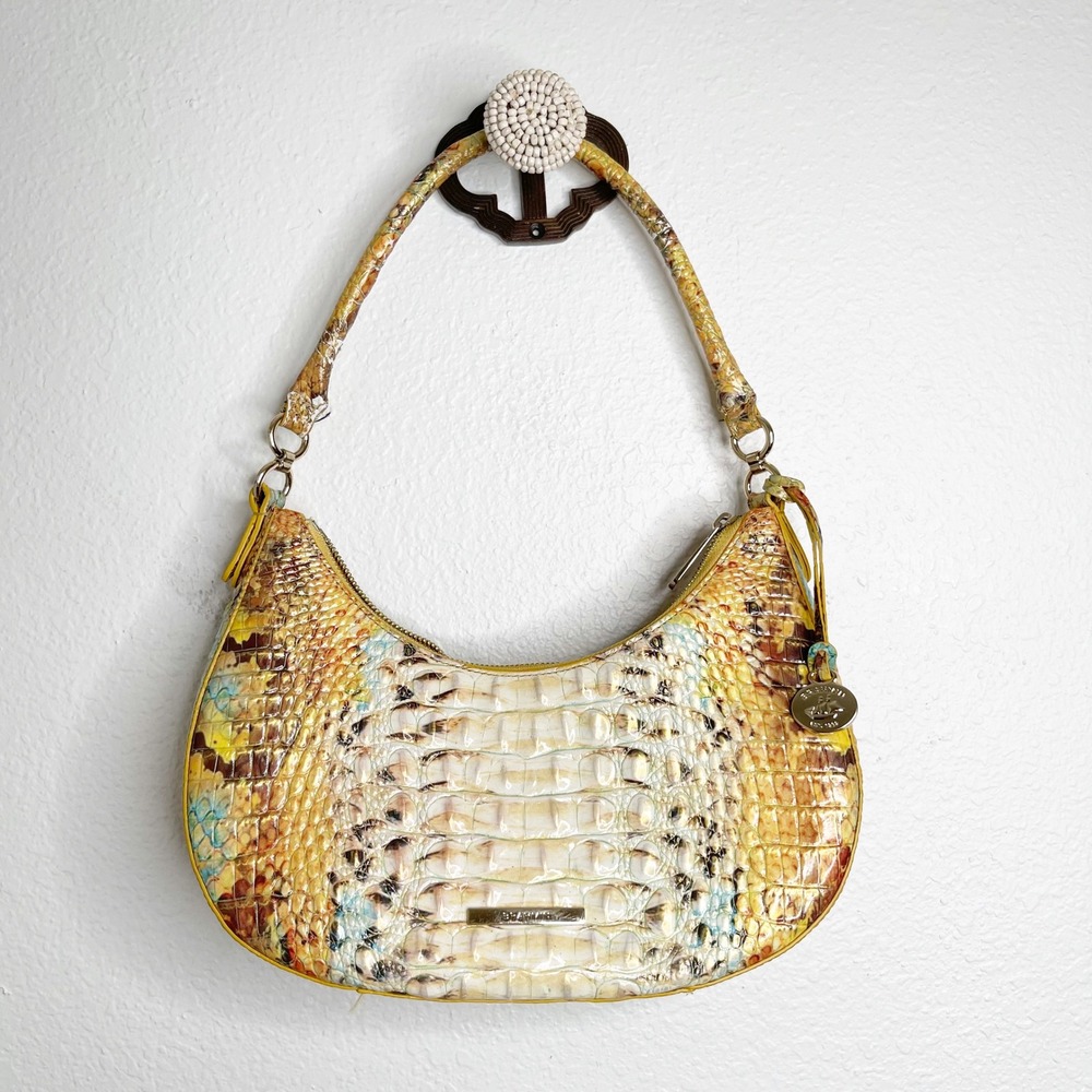 Brahmin Croc Embossed Leather Shoulder Bag Yellow Multi Color Hobo Handbag